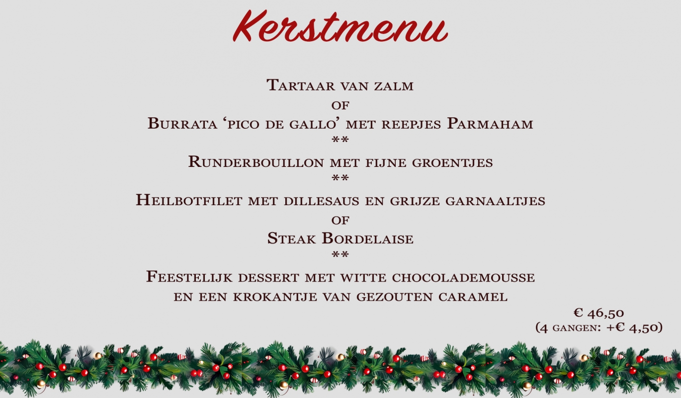 <p>kerstmenu de spaenjerd, tartaar van zalm, heilbot, burrata, steak</p>