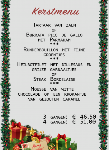 <p>kerstmenu de spaenjerd, tartaar van zalm, heilbot, burrata, steak</p>